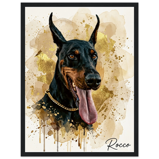 Cuadro negro con retrato de perro doberman pintado en acrílico - MascotArte