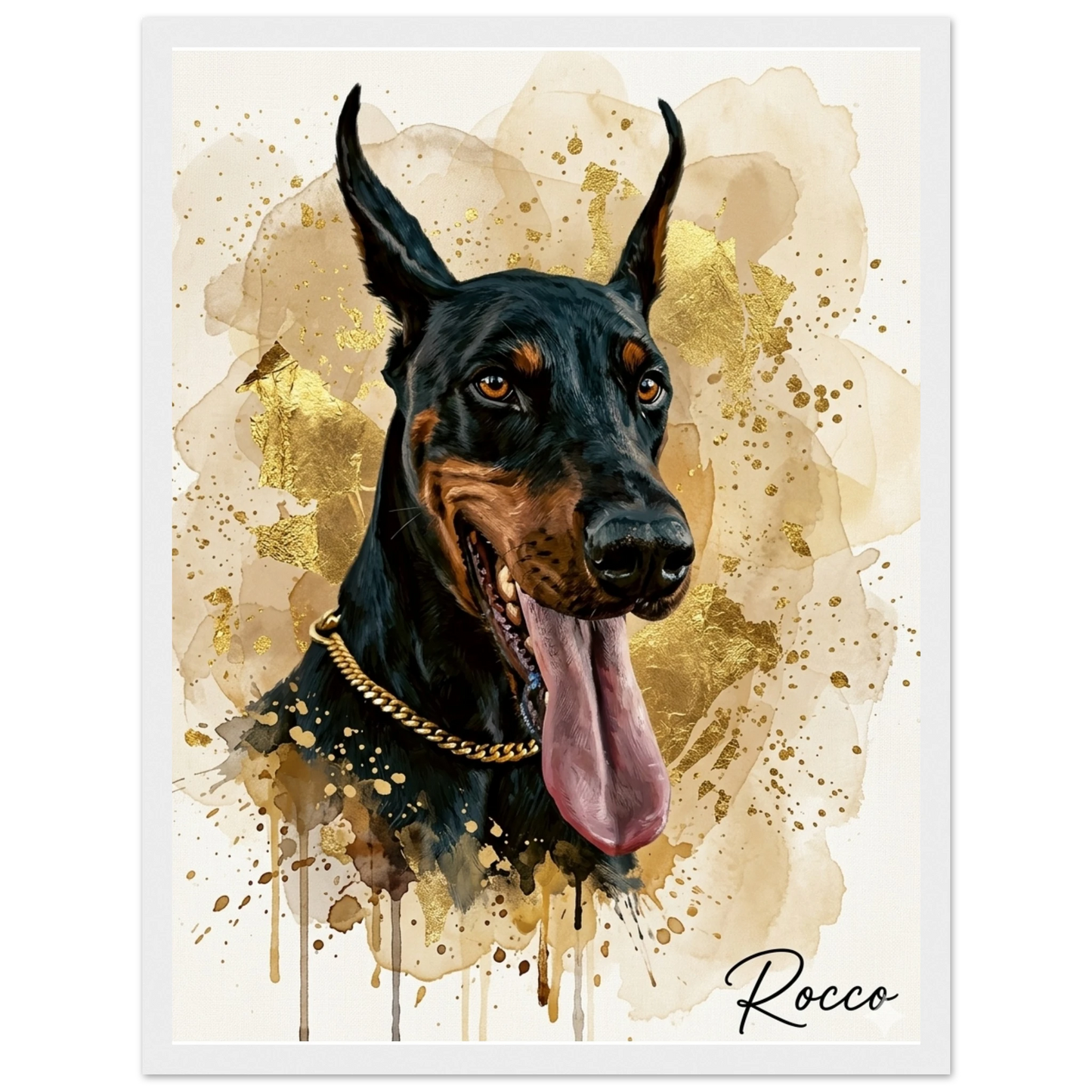 Cuadro blanco con retrato de perro doberman pintado en acrílico - MascotArte