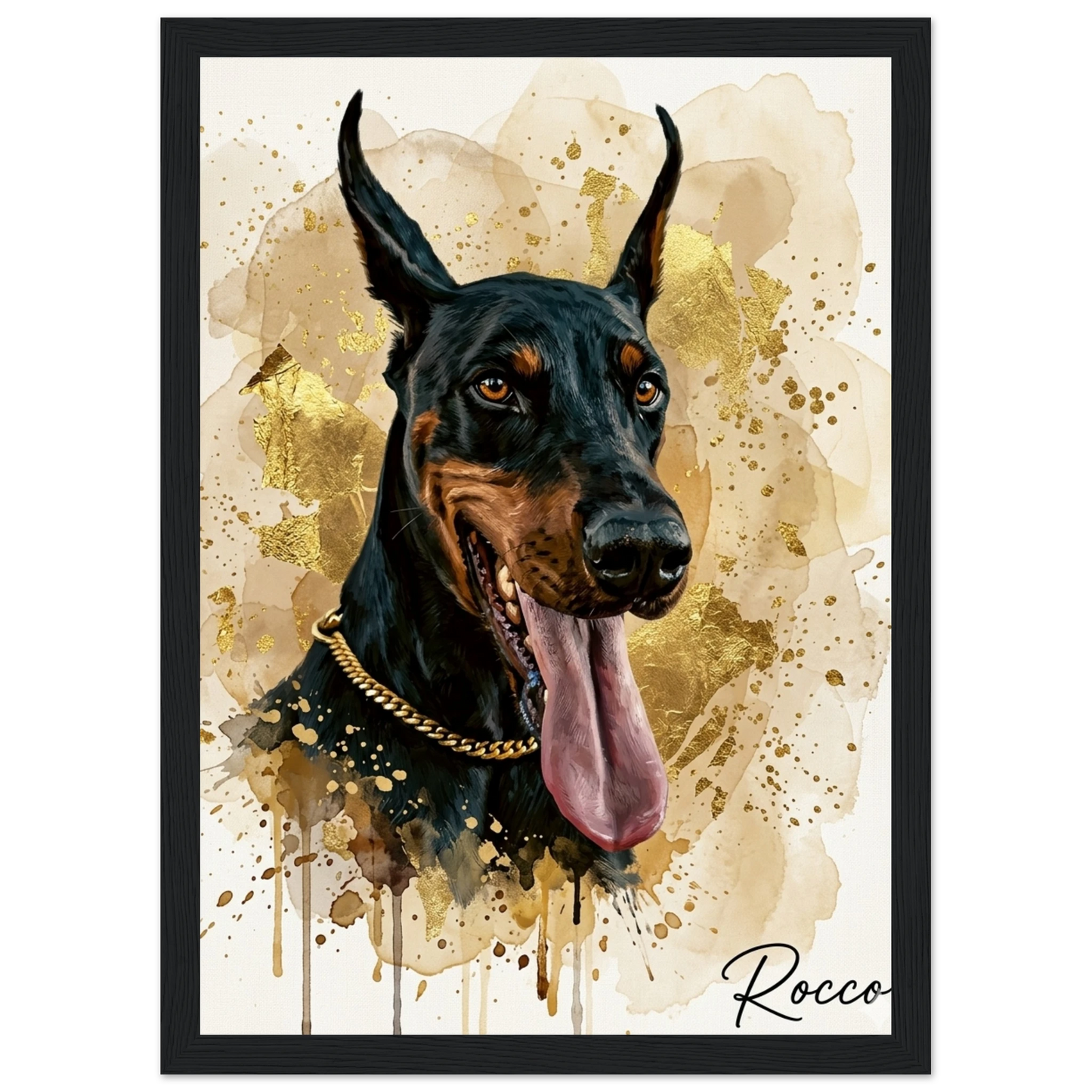 Cuadro negro  con retrato de perro doberman pintado en acrílico - MascotArte 2