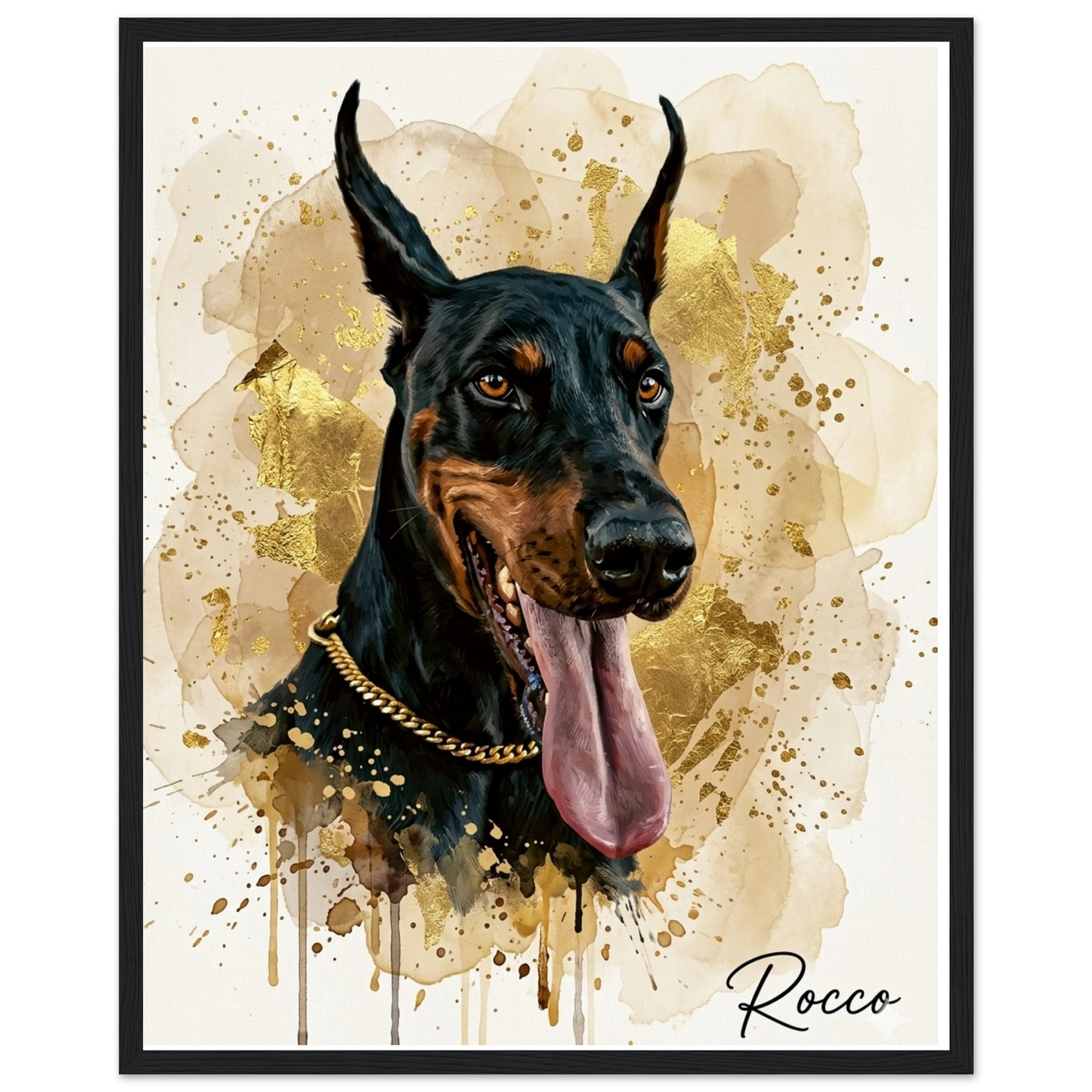 Cuadro negro  con retrato de perro doberman pintado en acrílico - MascotArte 3