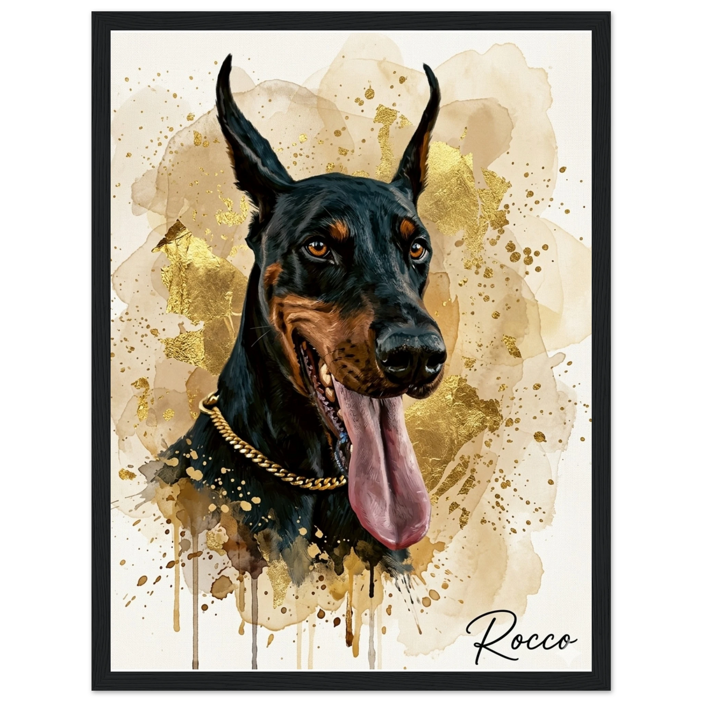 Cuadro negro  con retrato de perro doberman pintado en acrílico - MascotArte