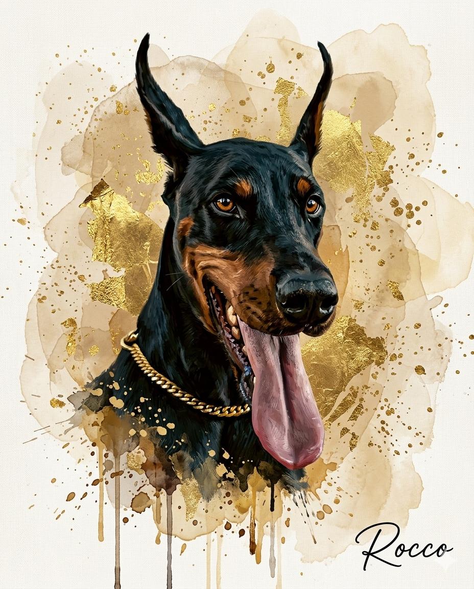 Lienzo con retrato de perro doberman pintado en acrílico - MascotArte