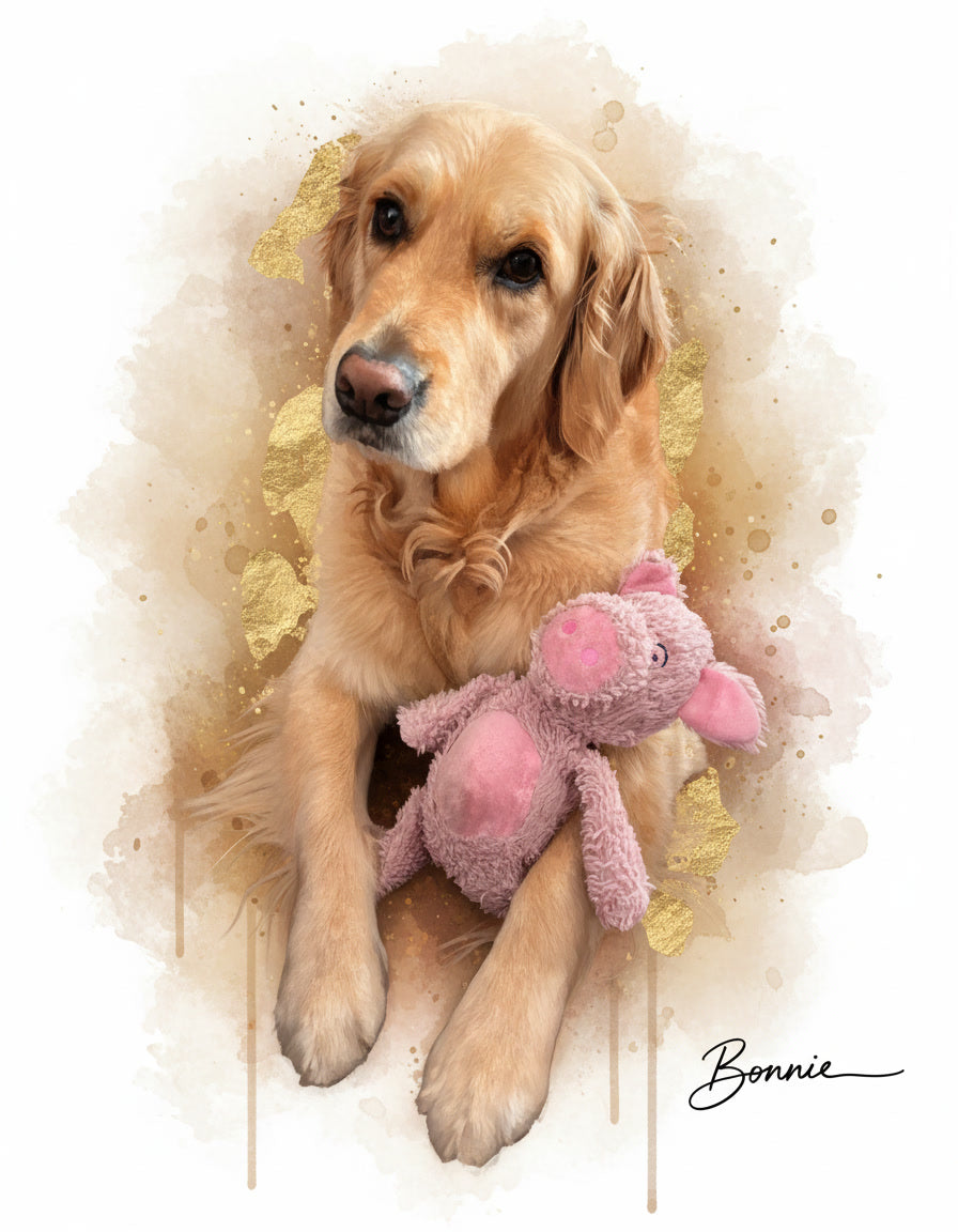 Lienzo decorativo con retrato de perro golden retriever pintado en acrílico - MascotArte