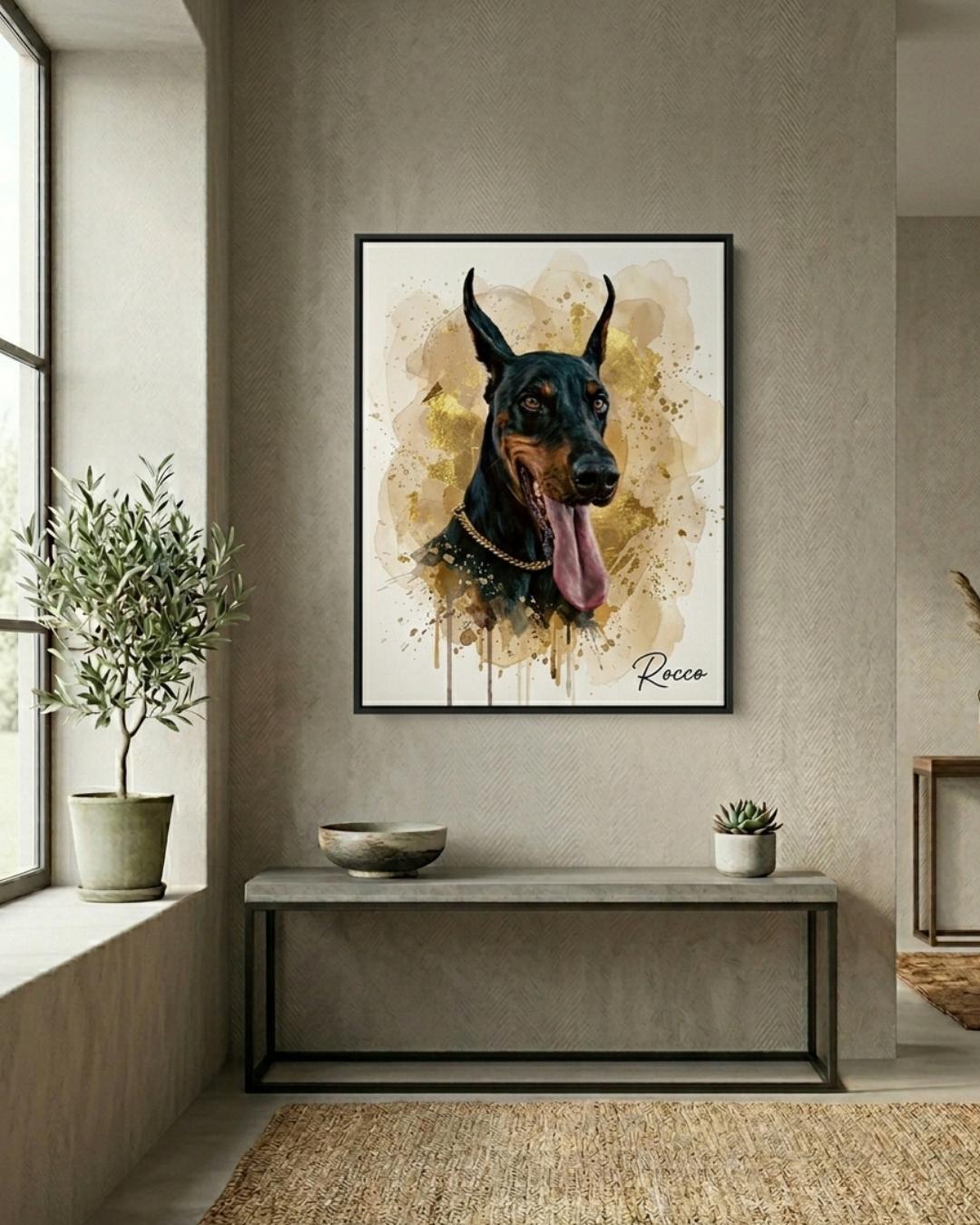 Mockup salon con retrato de perro doberman pintado en acrílico - MascotArte