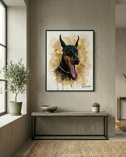 Mockup salon con retrato de perro doberman pintado en acrílico - MascotArte