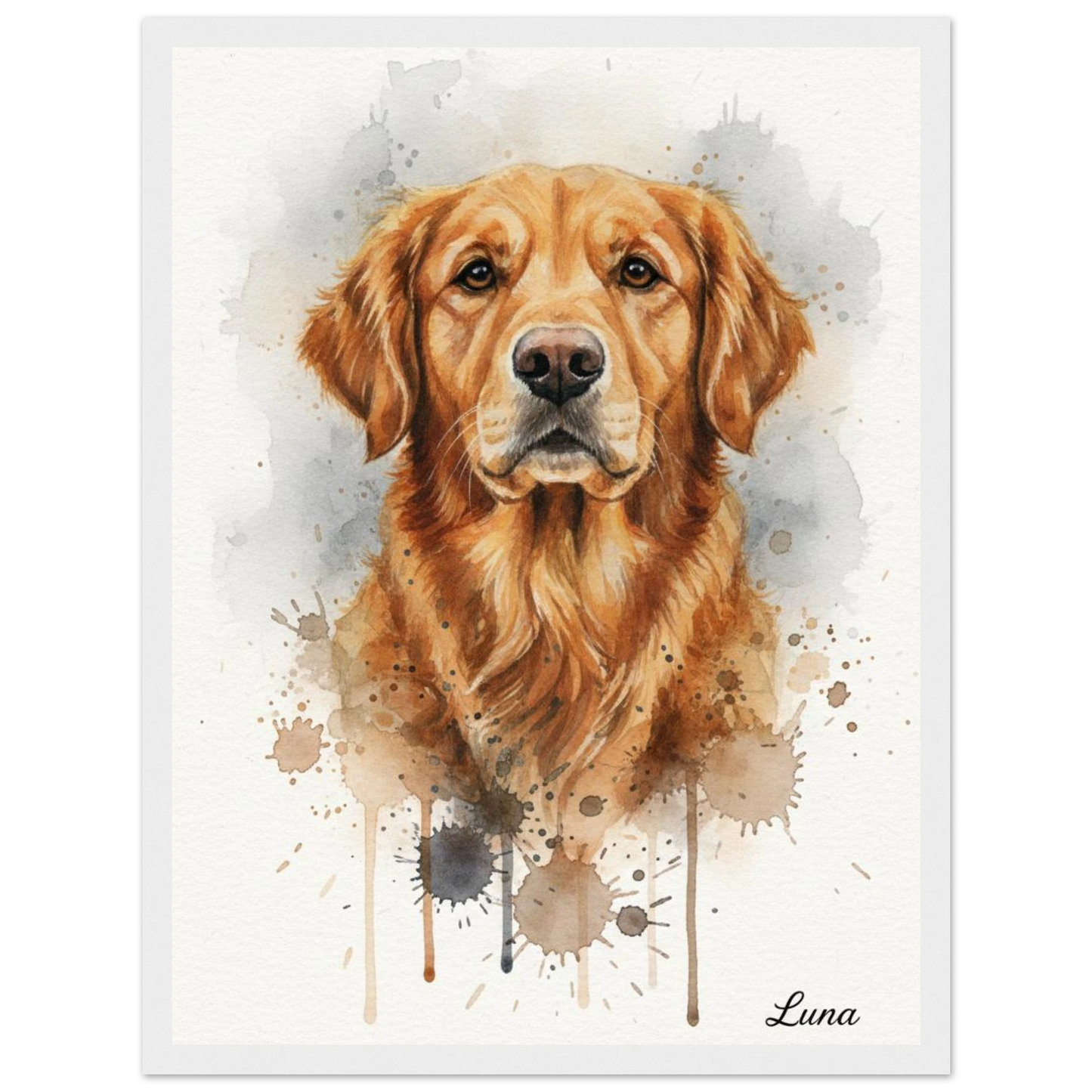 Cuadro blanco con retrato de perro golden retriever pintado en acuarela - MascotArte