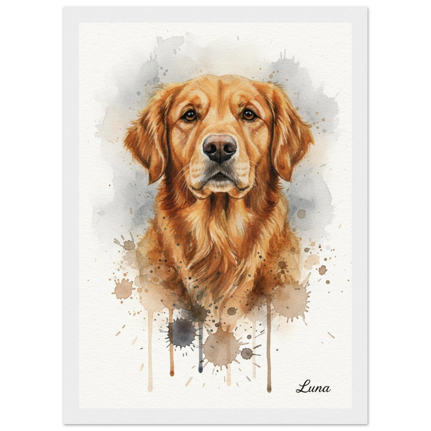 Cuadro blanco con retrato de perro golden retriever pintado en acuarela - MascotArte 2