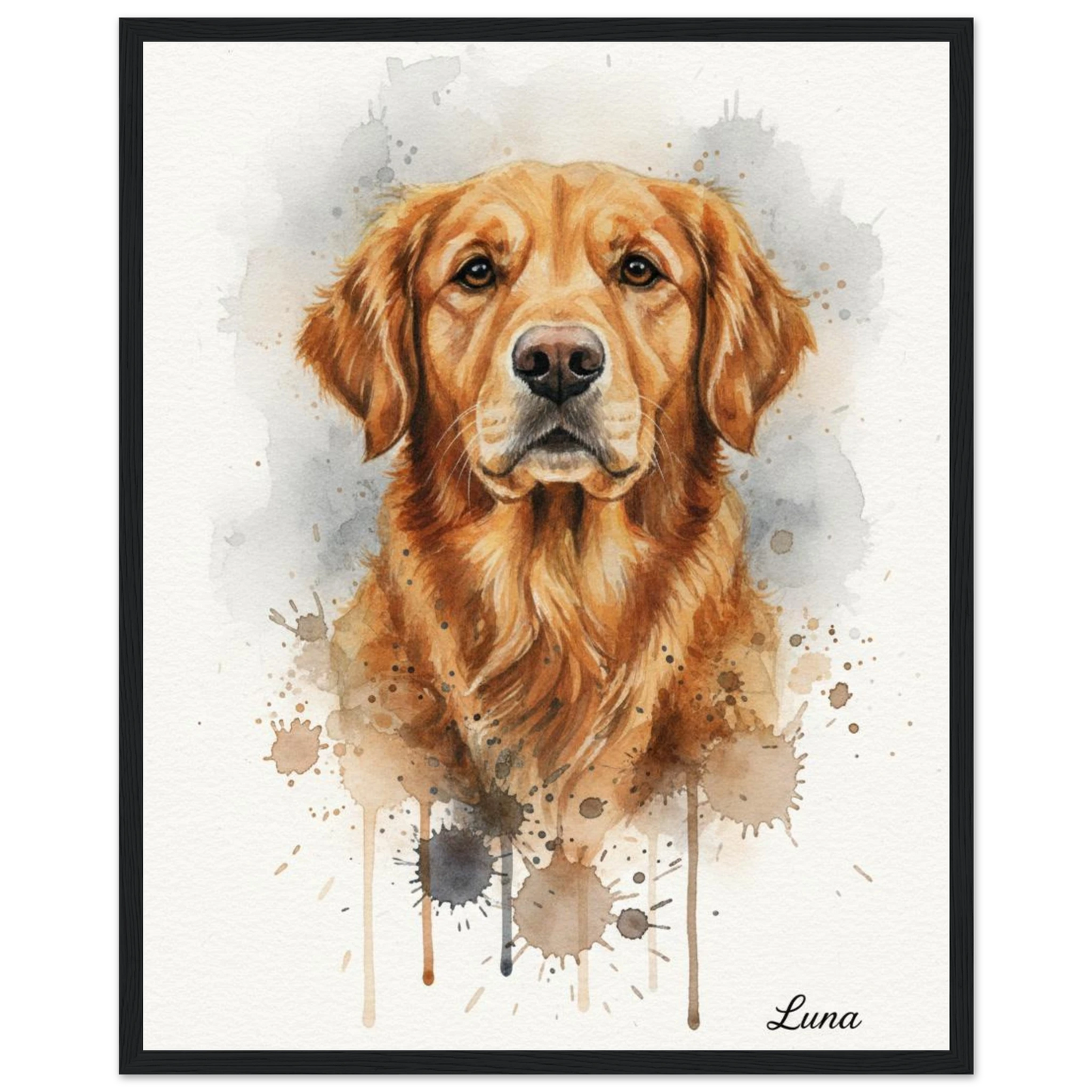 Cuadro blanco con retrato de perro golden retriever pintado en acuarela - MascotArte 3 
