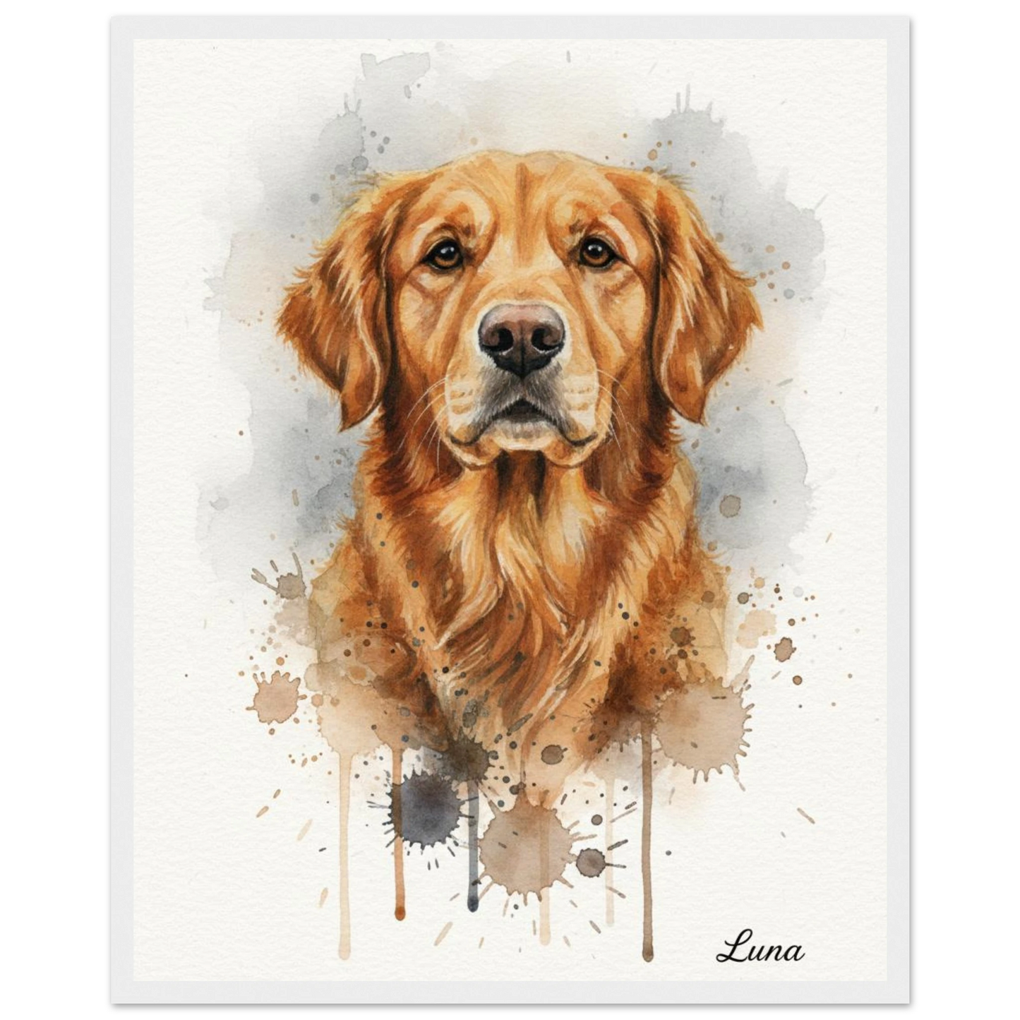 Cuadro blanco con retrato de perro golden retriever pintado en acuarela - MascotArte 3