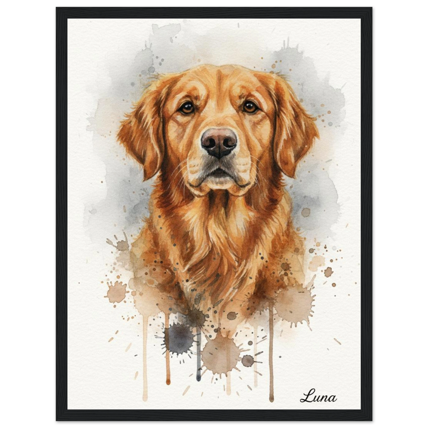 Cuadro negro con retrato de perro golden retriever pintado en acuarela - MascotArte