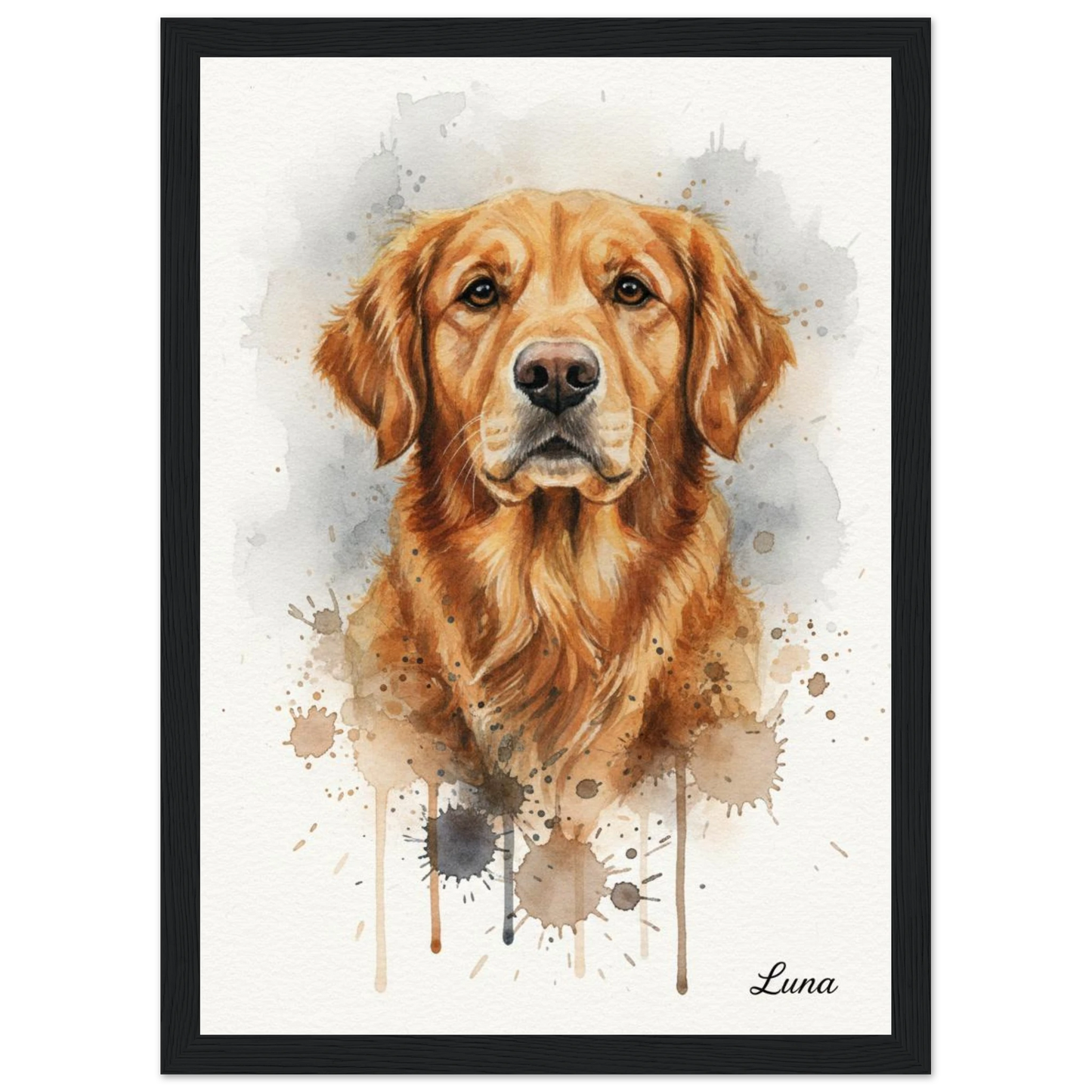 Cuadro negro con retrato de perro golden retriever pintado en acuarela - MascotArte 2