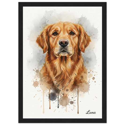 Cuadro negro con retrato de perro golden retriever pintado en acuarela - MascotArte 2