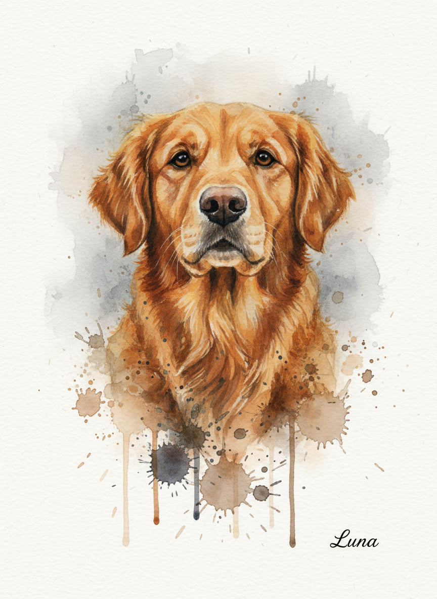 Lienzo con retrato de perro golden retriever pintado en acuarela - MascotArte