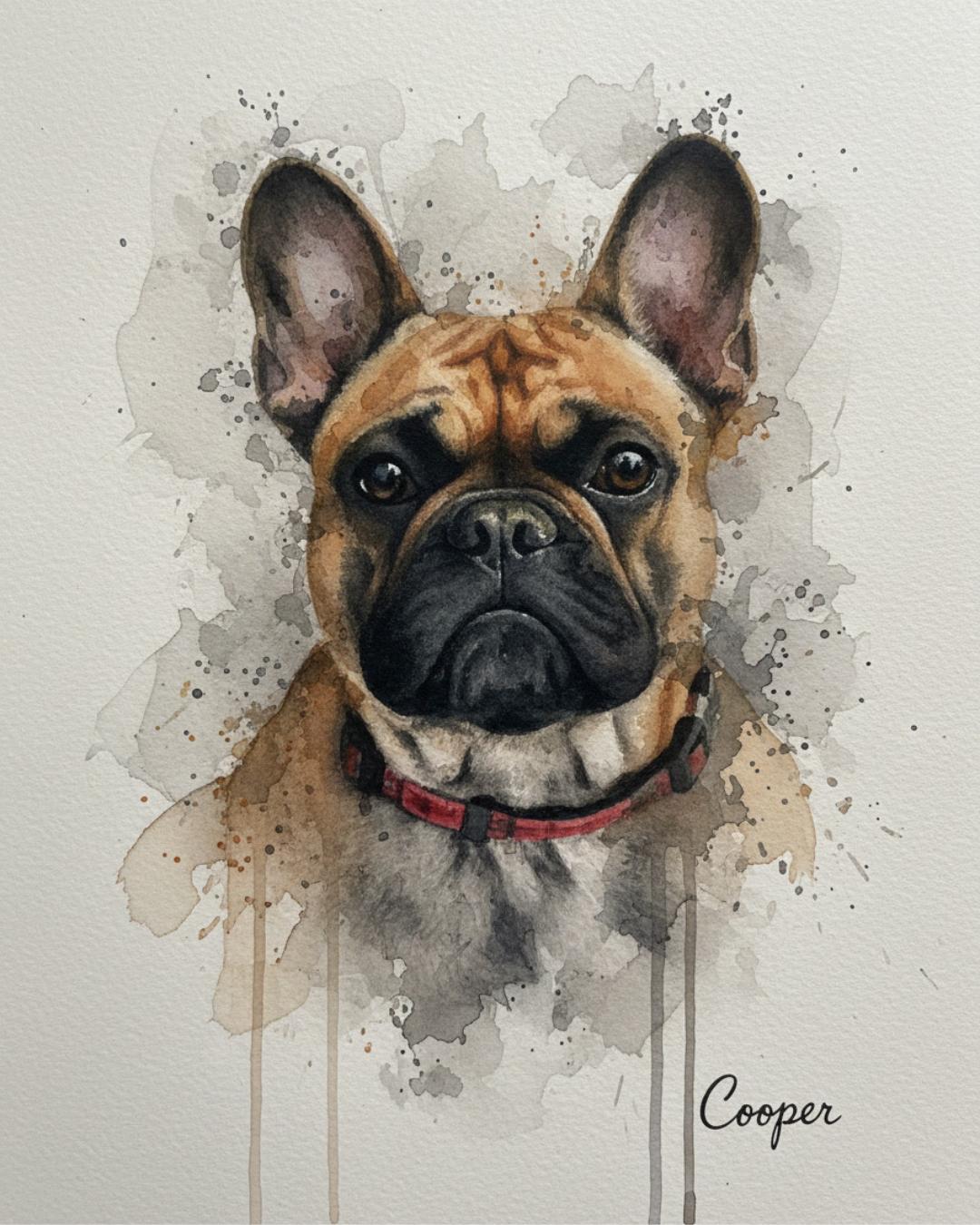 Lienzo con retrato de perro bulldog  pintado en acuarela - MascotArte