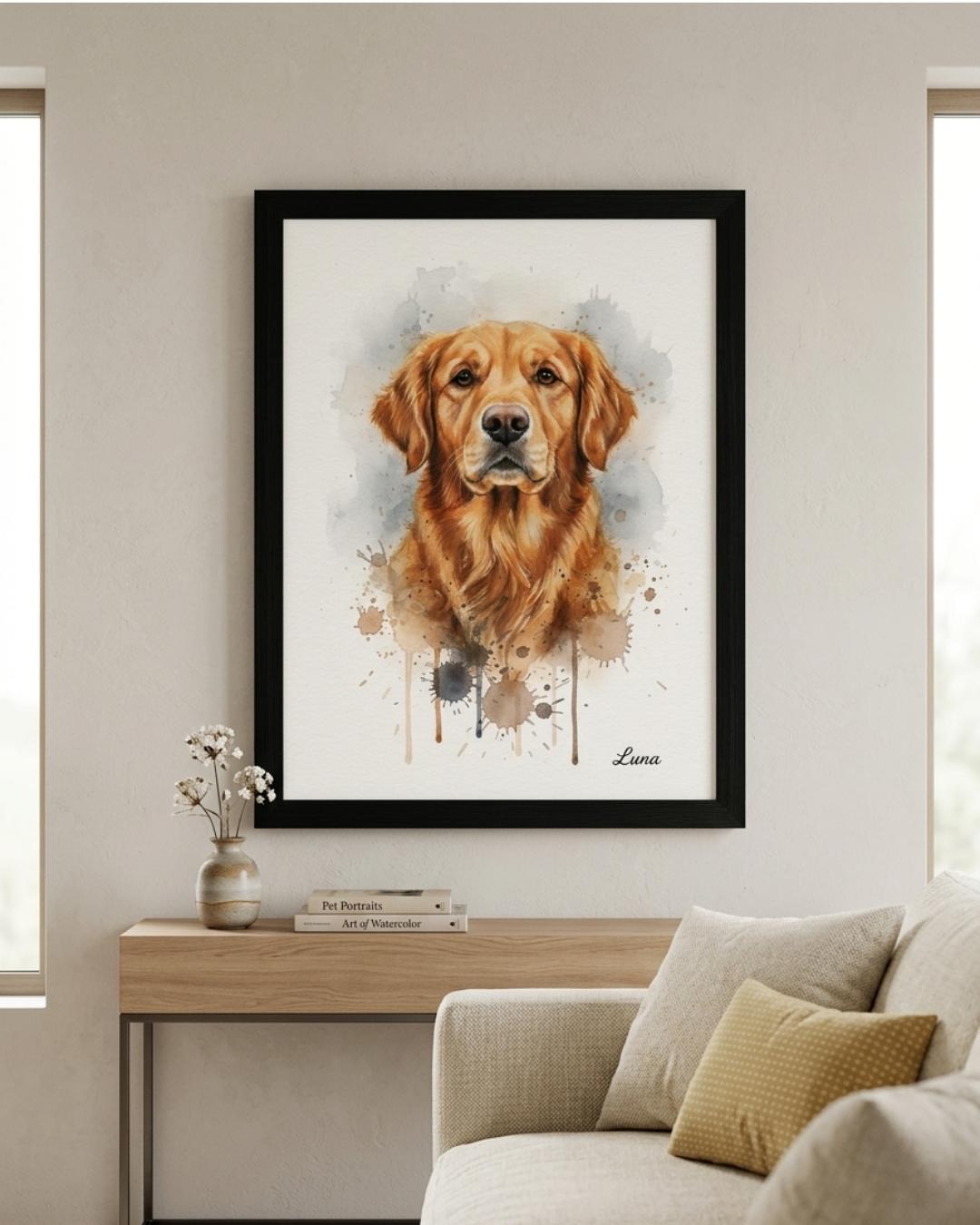 Mockup con retrato de perro golden retriever pintado en acuarela - MascotArte