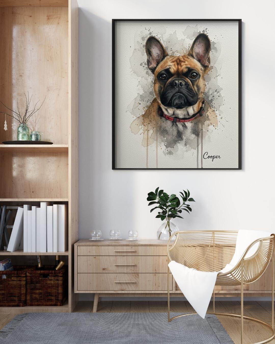 Mockup salon con retrato de perro bulldog pintado en acuarela - MascotArte