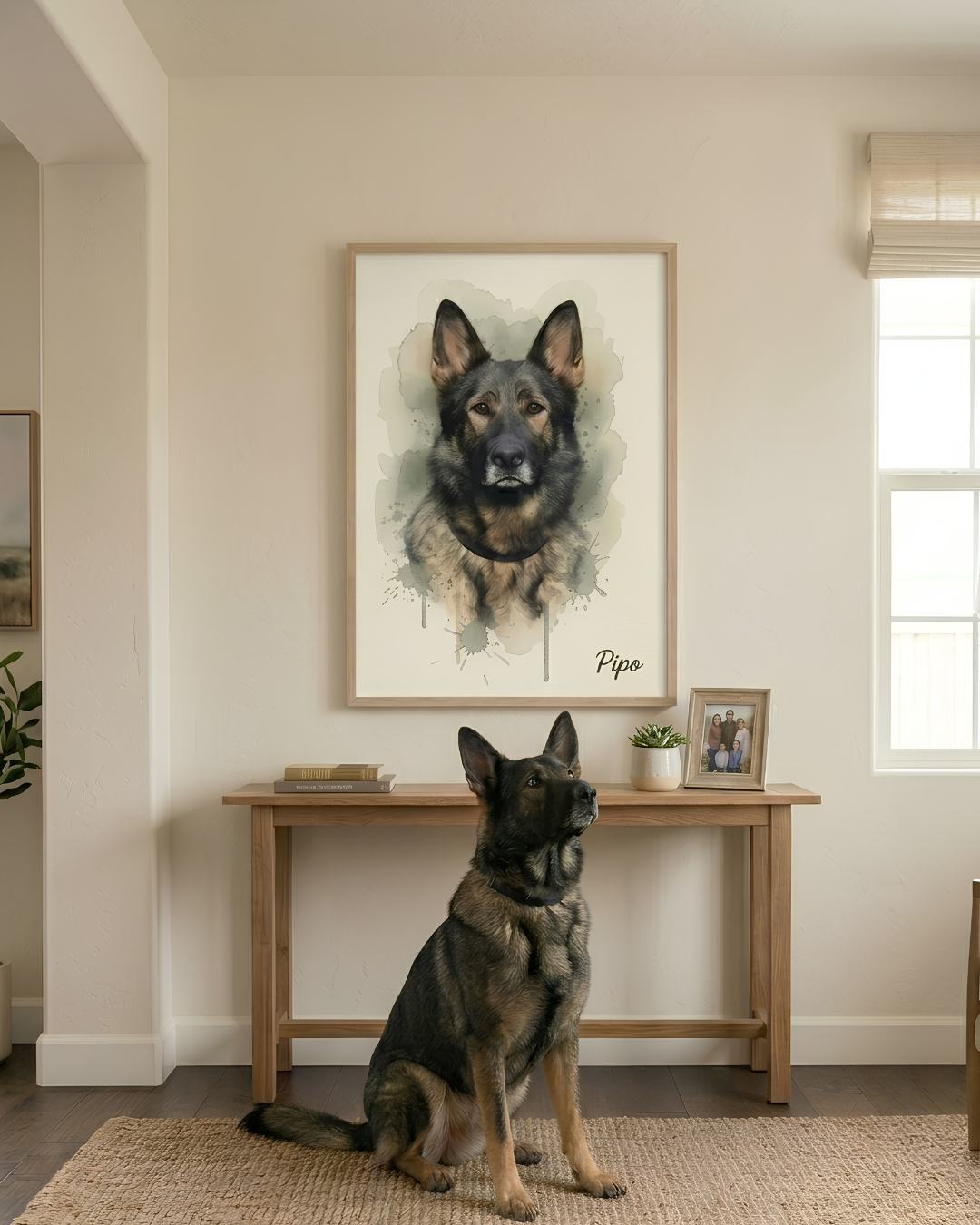 Mockup salón con retrato de perro pastor alemán pintado en acuarela - MascotArte