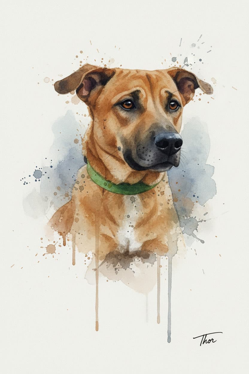 Retrato de perro en acuarela con salpicaduras de pintura artísticas - MascotArte